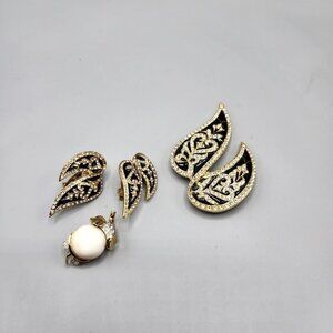 Butler Jewelry Crystal Leaf Brooch Earrings + Elephant Pin Vtg Costume Set
